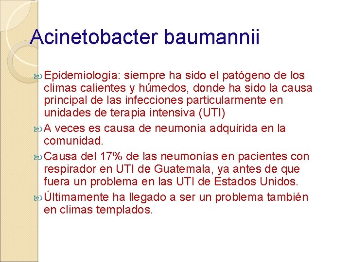 Acinetobacter baumannii Epidemiología: siempre ha sido el patógeno de los climas calientes y húmedos,