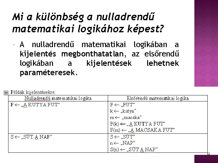 Mi a különbség a nulladrendű matematikai logikához képest? A nulladrendű matematikai logikában a kijelentés