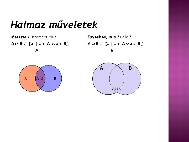 Halmaz műveletek Metszet / Intersection / Egyesítés, unio / A B : = {a