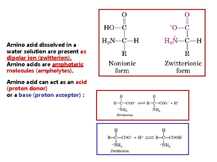 Amino acid dissolved in a water solution are present as dipolar ion (zwitterion). Amino