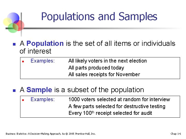 Populations and Samples n A Population is the set of all items or individuals