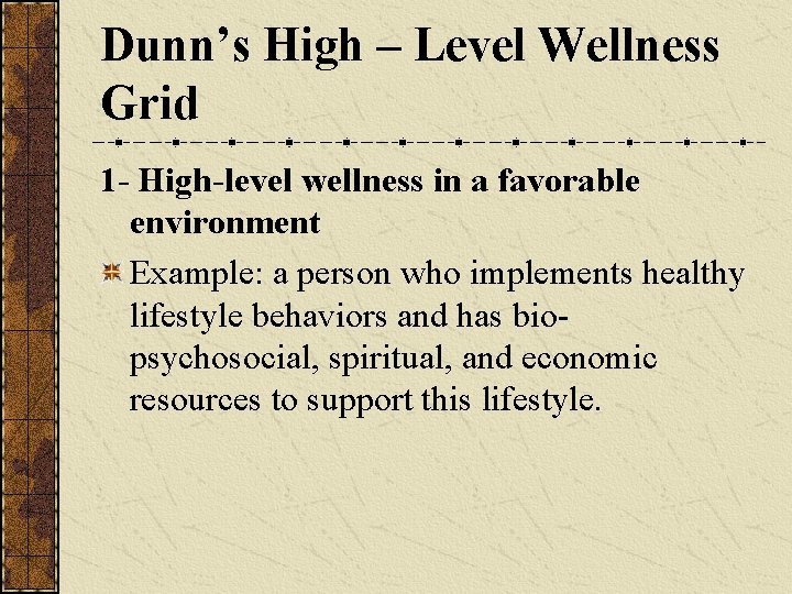 Dunn’s High – Level Wellness Grid 1 - High-level wellness in a favorable environment