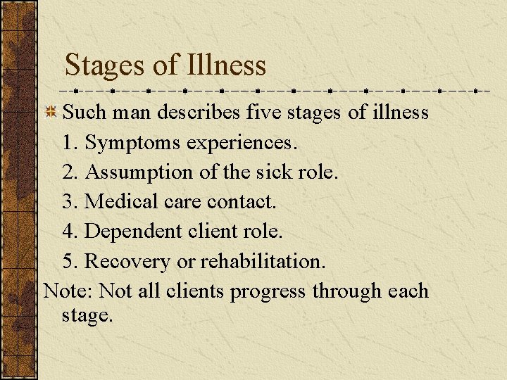 Stages of Illness Such man describes five stages of illness 1. Symptoms experiences. 2.