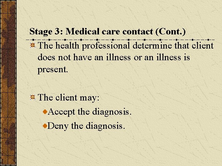 Stage 3: Medical care contact (Cont. ) The health professional determine that client does