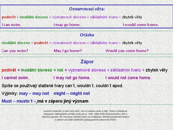 Oznamovací věta: podmět + modální sloveso + významové sloveso v základním tvaru + zbytek