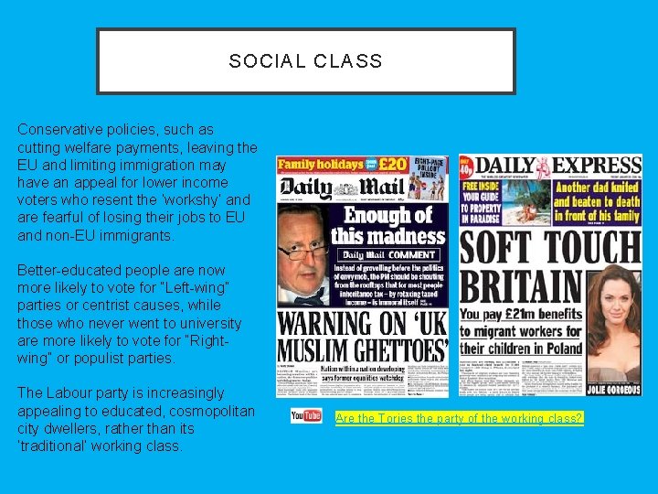 SOCIAL CLASS Conservative policies, such as cutting welfare payments, leaving the EU and limiting