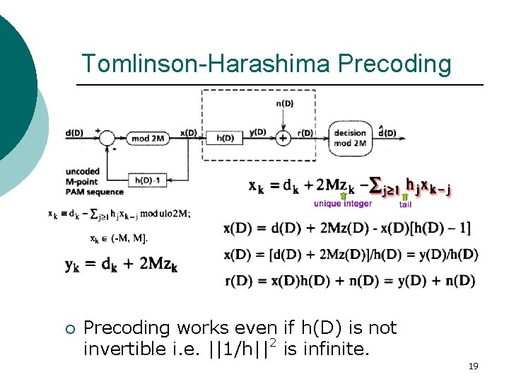Tomlinson-Harashima Precoding ¡ Precoding works even if h(D) is not invertible i. e. ||1/h||2