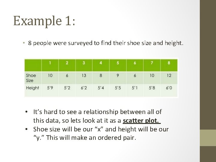 Example 1: • 8 people were surveyed to find their shoe size and height.