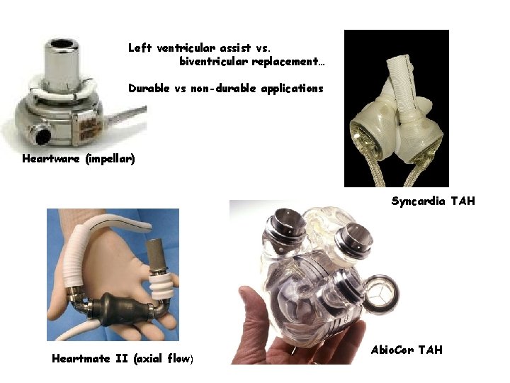 Left ventricular assist vs. biventricular replacement… Durable vs non-durable applications Heartware (impellar) Syncardia TAH