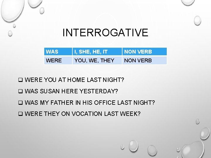 INTERROGATIVE WAS I, SHE, IT NON VERB WERE YOU, WE, THEY NON VERB q