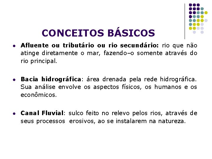 CONCEITOS BÁSICOS l Afluente ou tributário ou rio secundário: rio que não atinge diretamente