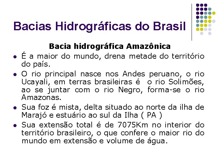 Bacias Hidrográficas do Brasil l l Bacia hidrográfica Amazônica É a maior do mundo,