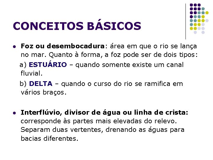 CONCEITOS BÁSICOS l Foz ou desembocadura: área em que o rio se lança no