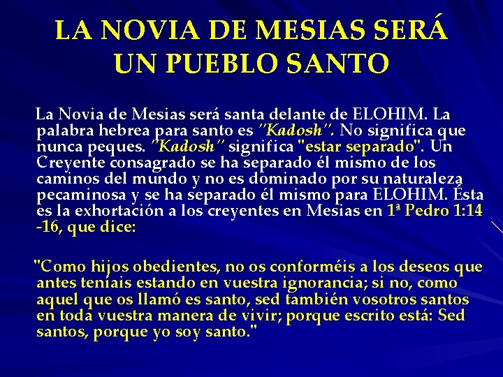 LA NOVIA DE MESIAS SERÁ UN PUEBLO SANTO La Novia de Mesias será santa