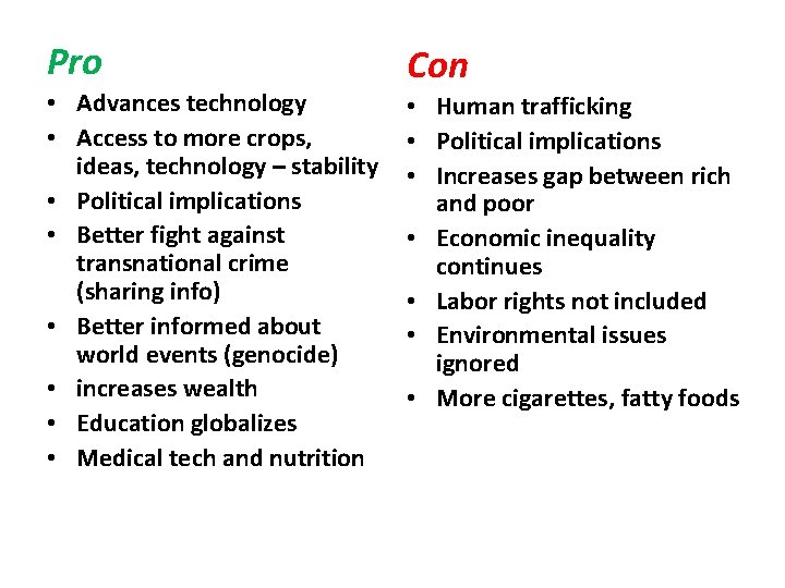 Pro • Advances technology • Access to more crops, ideas, technology – stability •