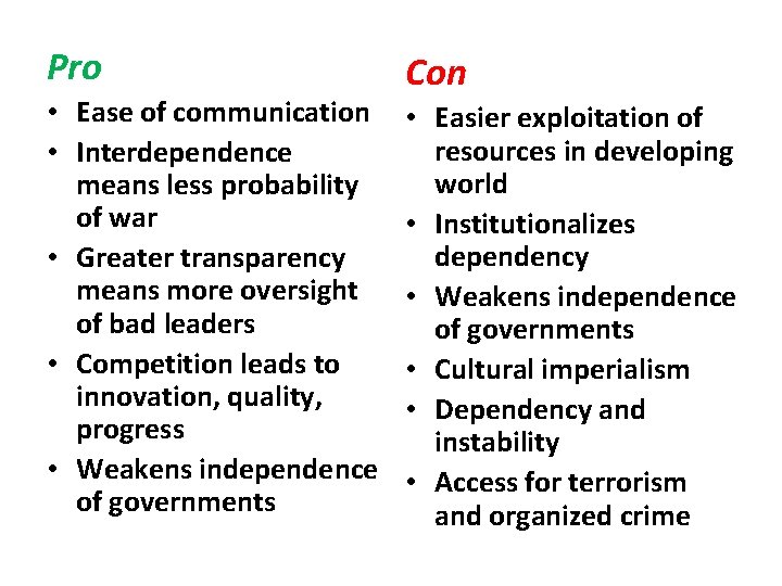 Pro • Ease of communication • Interdependence means less probability of war • Greater