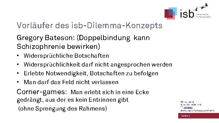 Vorläufer des isb-Dilemma-Konzepts Gregory Bateson: (Doppelbindung kann Schizophrenie bewirken) • • Widersprüchliche Botschaften Widersprüchlichkeit