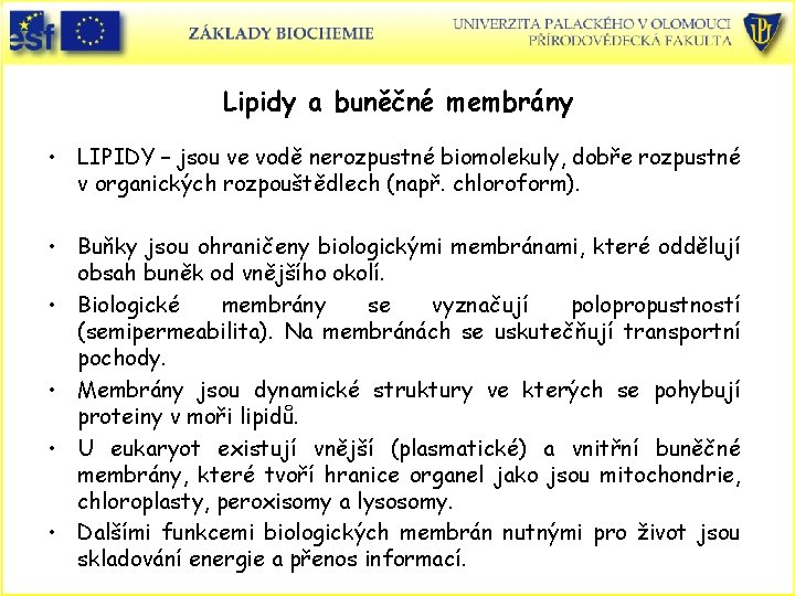 Lipidy a buněčné membrány • LIPIDY – jsou ve vodě nerozpustné biomolekuly, dobře rozpustné Lipidy a buněčné membrány • LIPIDY – jsou ve vodě nerozpustné biomolekuly, dobře rozpustné