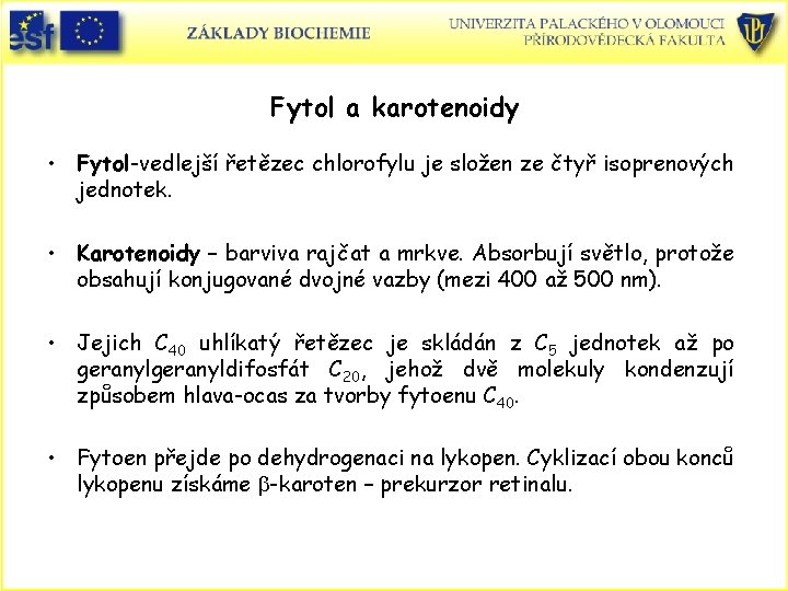 Fytol a karotenoidy • Fytol-vedlejší řetězec chlorofylu je složen ze čtyř isoprenových jednotek. • Fytol a karotenoidy • Fytol-vedlejší řetězec chlorofylu je složen ze čtyř isoprenových jednotek. •