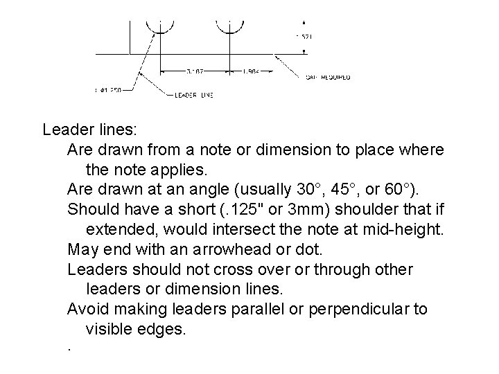 Leader lines: Are drawn from a note or dimension to place where the note