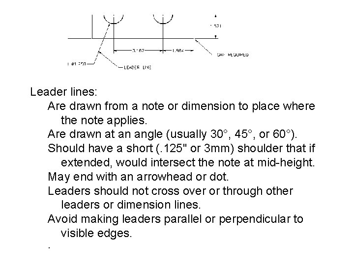 Leader lines: Are drawn from a note or dimension to place where the note