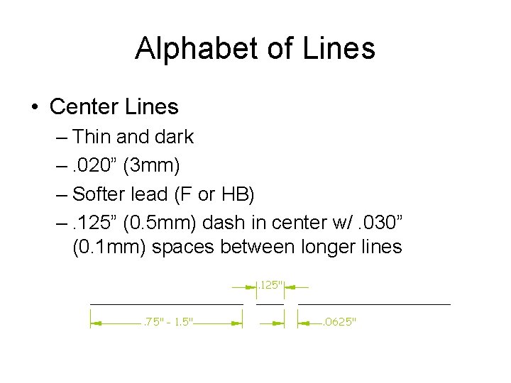 Alphabet of Lines • Center Lines – Thin and dark –. 020” (3 mm)