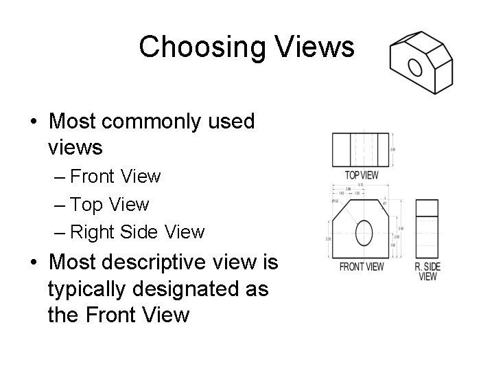 Choosing Views • Most commonly used views – Front View – Top View –