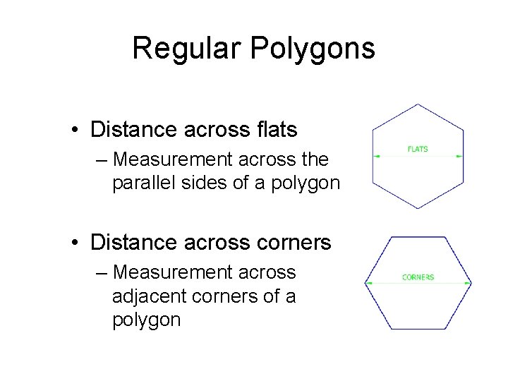 Regular Polygons • Distance across flats – Measurement across the parallel sides of a