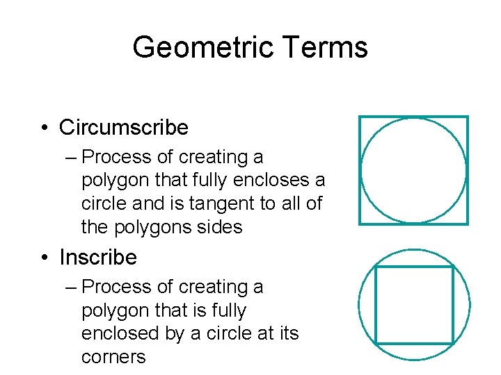 Geometric Terms • Circumscribe – Process of creating a polygon that fully encloses a