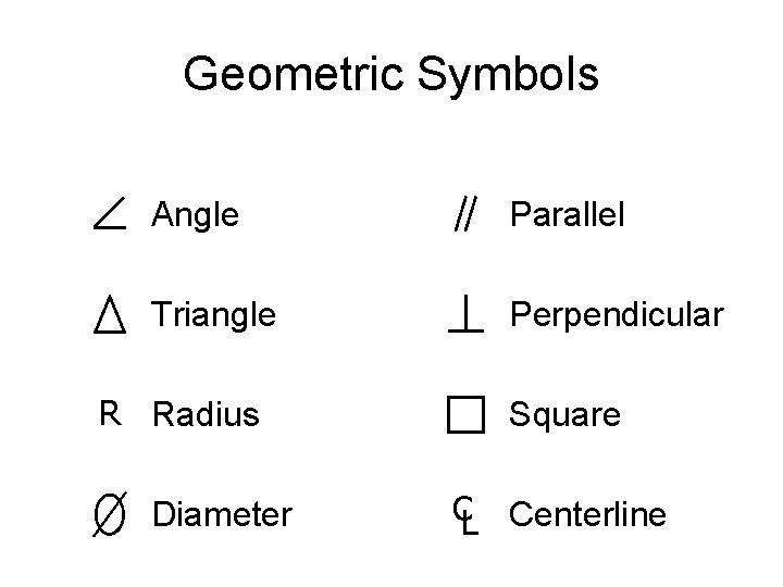 Geometric Symbols Angle Parallel Triangle Perpendicular R Radius Diameter Square CL Centerline 