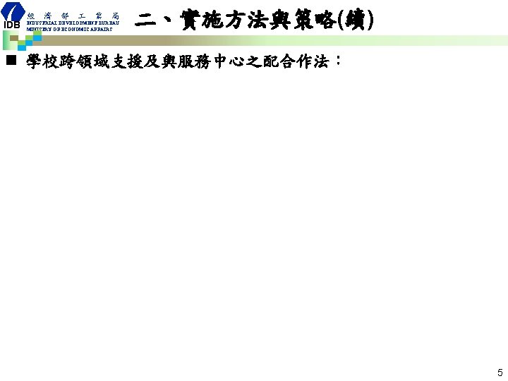 IDB 經 濟 部 業 局 INDUSTRIAL DEVELOPMENT BUREAU MINISTRY OF ECONOMIC AFFAIRS 二、實施方法與策略(續)