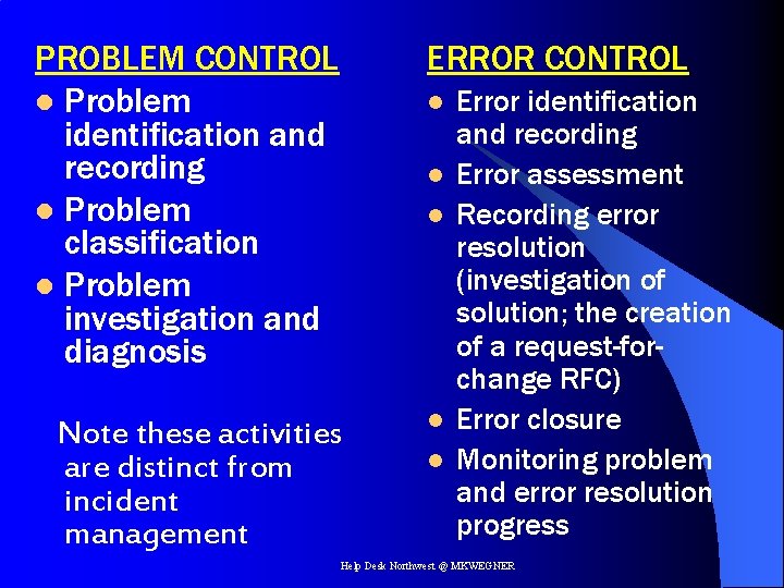 PROBLEM CONTROL l Problem identification and recording l Problem classification l Problem investigation and