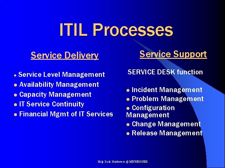 ITIL Processes Service Support Service Delivery Service Level Management l Availability Management l Capacity