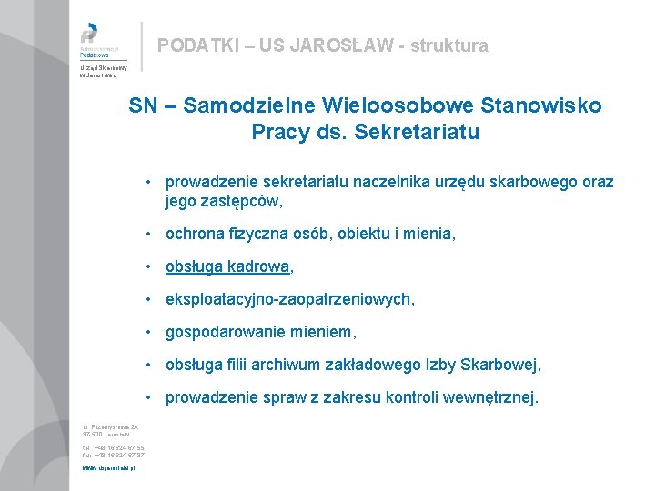 PODATKI – US JAROSŁAW - struktura Urząd Skarbowy w Jarosławiu SN – Samodzielne Wieloosobowe