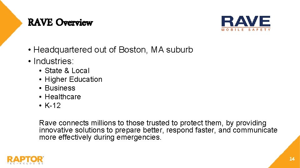 RAVE Overview • Headquartered out of Boston, MA suburb • Industries: • • •