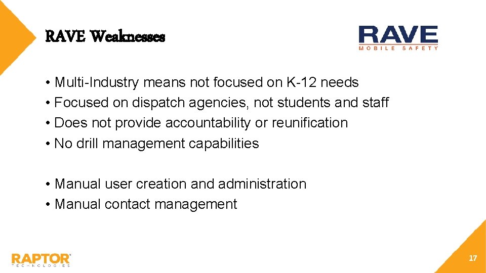 RAVE Weaknesses • Multi-Industry means not focused on K-12 needs • Focused on dispatch