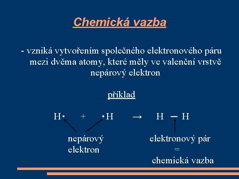 Chemická vazba - vzniká vytvořením společného elektronového páru mezi dvěma atomy, které měly ve