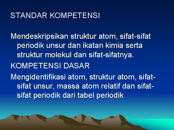 STANDAR KOMPETENSI Mendeskripsikan struktur atom, sifat-sifat periodik unsur dan ikatan kimia serta struktur molekul