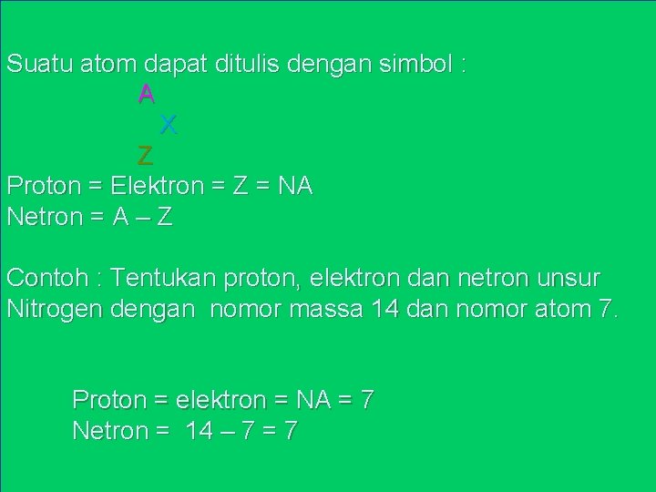 Suatu atom dapat ditulis dengan simbol : A X Z Proton = Elektron =