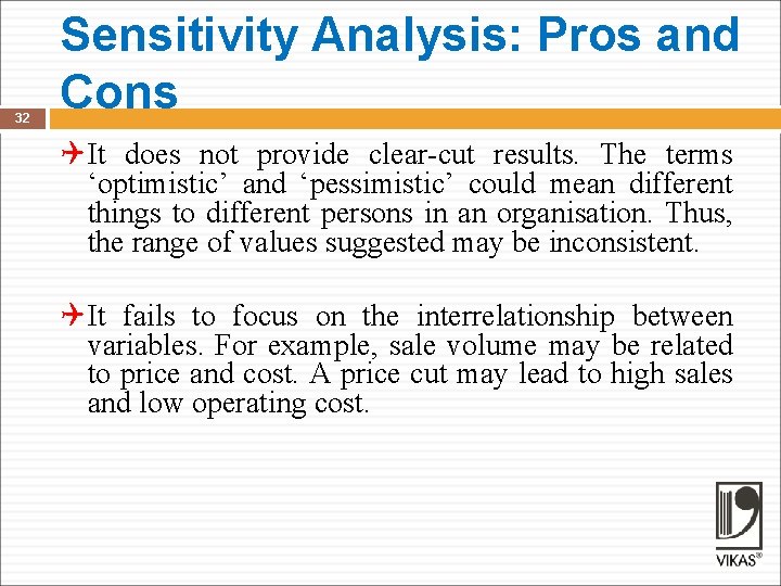 32 Sensitivity Analysis: Pros and Cons QIt does not provide clear-cut results. The terms