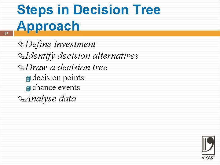 37 Steps in Decision Tree Approach Define investment Identify decision alternatives Draw a decision
