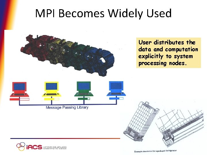MPI Becomes Widely Used User distributes the data and computation explicitly to system processing