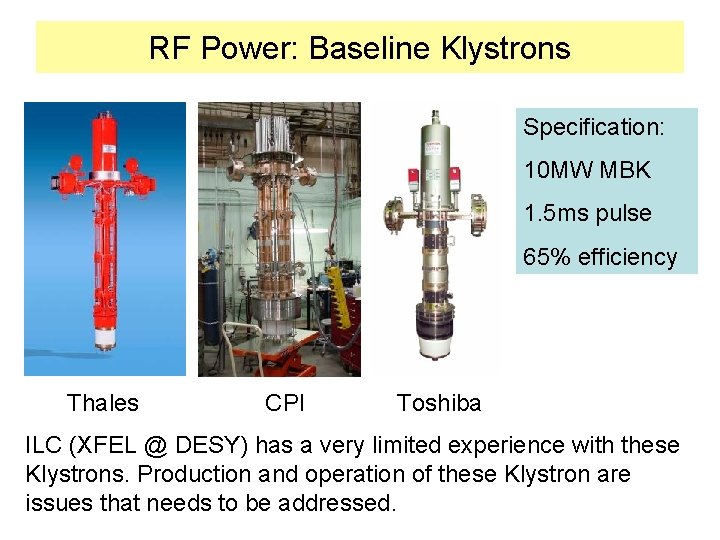 RF Power: Baseline Klystrons Specification: 10 MW MBK 1. 5 ms pulse 65% efficiency