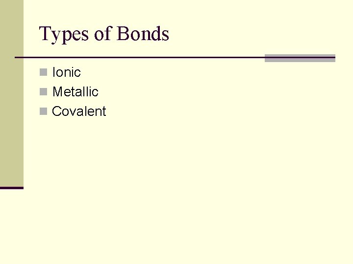 Types of Bonds n Ionic n Metallic n Covalent 