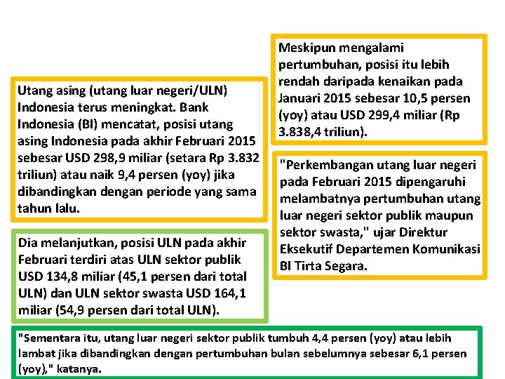 Utang asing (utang luar negeri/ULN) Indonesia terus meningkat. Bank Indonesia (BI) mencatat, posisi utang