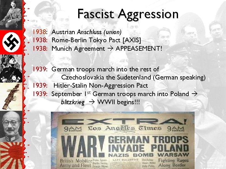Fascist Aggression 1938: Austrian Anschluss (union) 1938: Rome-Berlin Tokyo Pact [AXIS] 1938: Munich Agreement