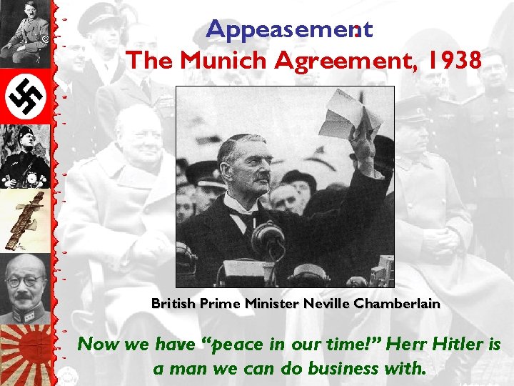 Appeasement : The Munich Agreement, 1938 British Prime Minister Neville Chamberlain Now we have