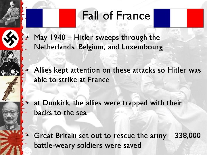 Fall of France • May 1940 – Hitler sweeps through the Netherlands, Belgium, and