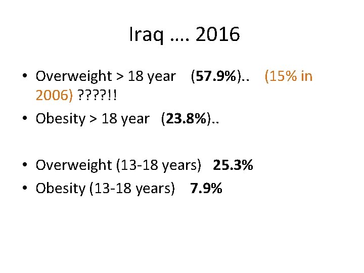  Iraq …. 2016 • Overweight > 18 year (57. 9%). . (15% in