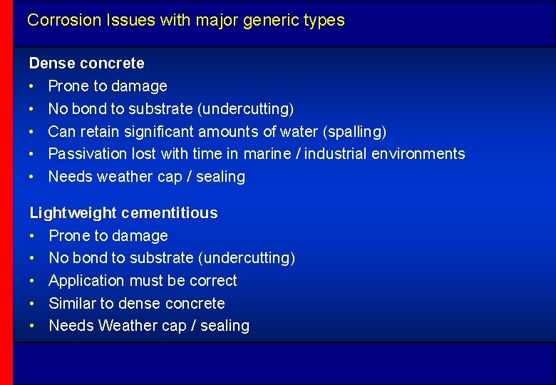 Corrosion Issues with major generic types Dense concrete • Prone to damage • No